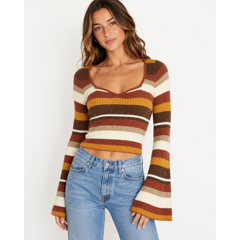Hollister Brown Multi Stripe Ribbed Knit Sweetheart Neck Bell Sleeve Sweater Lg